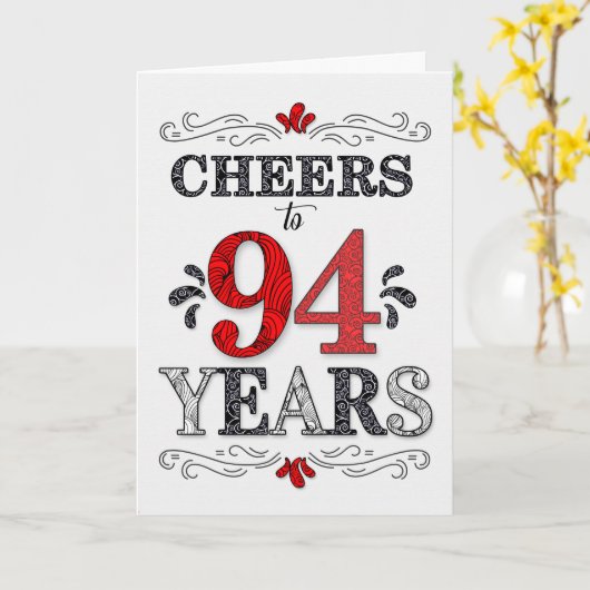 94e verjaardag Proost in rood wit zwart patroon Kaart (Gele Bloem)