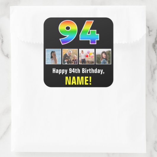 94e verjaardag: Regenboog "94"; Aangepaste foto's Vierkante Sticker (Tas)