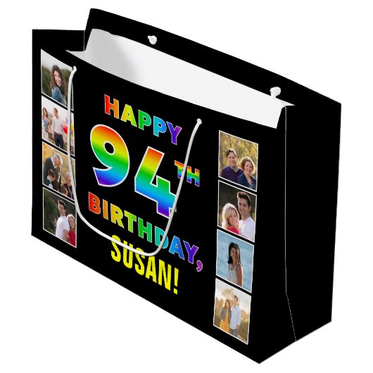 94e verjaardag: regenboogtekst, aangepaste foto's groot cadeauzakje (Voorkant Gekanteld)