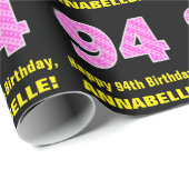 94e verjaardag: roze strepen en harten "94" + naam cadeaupapier (Rol Hoek)