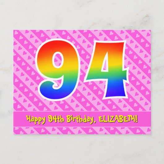 94e verjaardag: Roze strips & harten, Regenboog 94 Briefkaart (Voorkant)