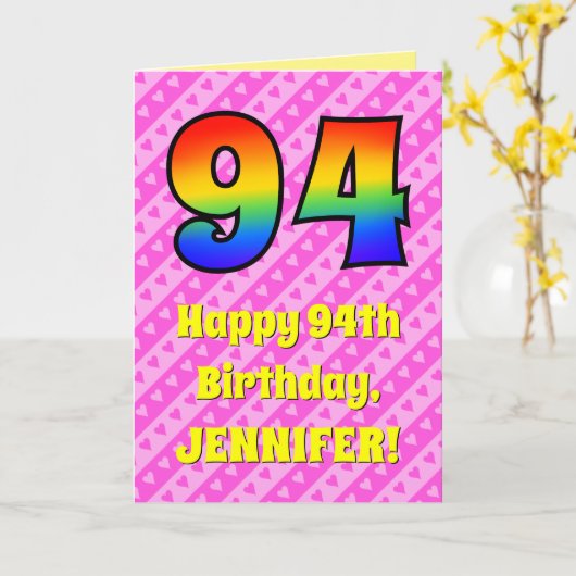 94e verjaardag: roze strips & harten, regenboognr. kaart (Gele Bloem)