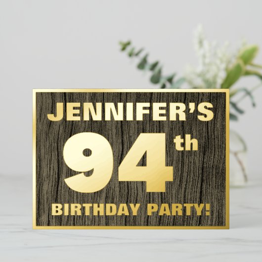 94e verjaardag: Vet, Faux Hood Grain Pattern Folie Uitnodiging (Staand Voorkant)