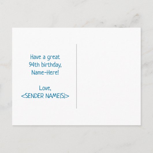 94e verjaardag: Vet, Vun, Eenvoudig, Regenboog 94 Briefkaart (Achterkant)