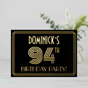 94e Verjaardagsfeest — Art Deco Stijl “94” + Naam Folie Uitnodiging