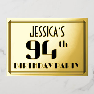 94ste verjaardag: Art Deco Kijk "94" en naam Folie Uitnodiging