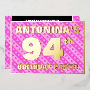 94ste Verjaardagsfeest — Leuke Roze Harten en Stre Folie Uitnodiging