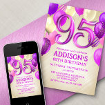 95e anniversaire Ballons roses Invitation<br><div class="desc">Une fête, une fête entière, et rien d'autre qu'une fête. C'est ce qu'il y a dans cette conception d'anniversaire. Avec ses numéros audacieux et sa typographie élégante entourée de ballons, ce design est aussi chic, tendance et flirtant qu'elle l'est. Les couleurs rose, magenta et or donnent un air féministe et...</div>