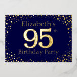 95e anniversaire Foil Invitation<br><div class="desc">95e anniversaire invitation de fête. Personnalisez avec le nom de la personne d'honneur. Le numéro 95 dans une grande police de style étincelant. Encadré de points dorés en chute. Placé sur un bleu foncé très saturé. Entrez les détails de la fête au verso de l'invitation en utilisant les modèles, également...</div>