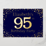 95e anniversaire Foil Invitation<br><div class="desc">95e anniversaire invitation de fête. Personnalisez avec le nom de la personne d'honneur. Le numéro 95 dans une grande police de style étincelant. Encadré de points dorés en chute. Placé sur un bleu foncé très saturé. Entrez les détails de la fête au verso de l'invitation en utilisant les modèles, également...</div>