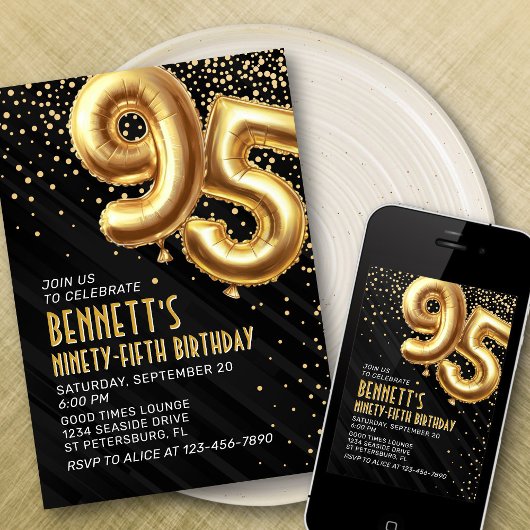 95e anniversaire Gold Black Invitation