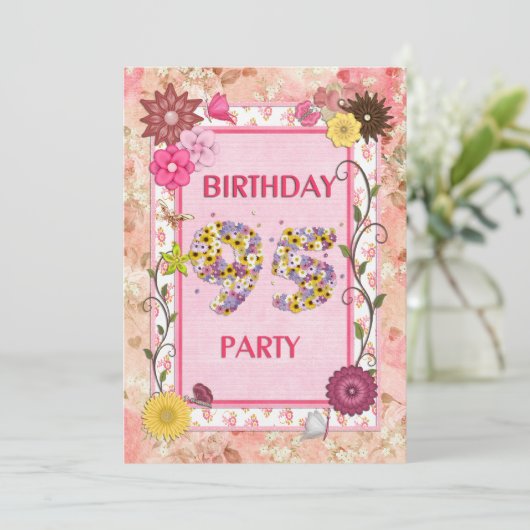 95e anniversaire invitation fête avec cadre fleuri (Debout devant)