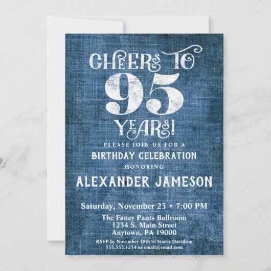 95e anniversaire Invitation Linge bleu Rustique Ch (Devant)
