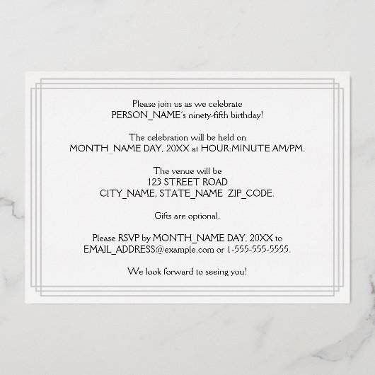 95e verjaardag: Art Deco Kijk "95", met naam Folie Uitnodiging (Achterkant)