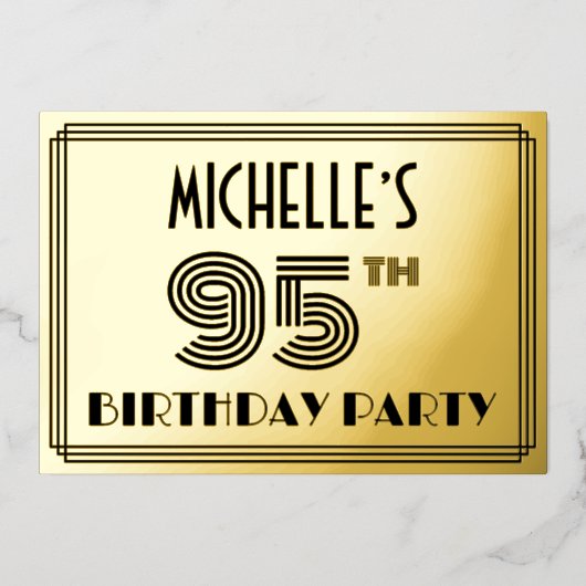 95e verjaardag — Art Deco Style "95" en naam Folie Uitnodiging (Voorkant)