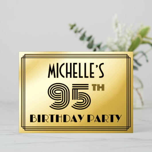 95e verjaardag — Art Deco Style "95" en naam Folie Uitnodiging (Staand Voorkant)