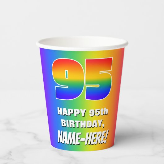 95e verjaardag: kleurrijk, vun regenboogpatroon # papieren bekers (Achterkant)