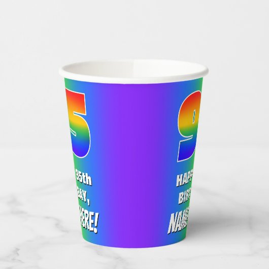 95e verjaardag: kleurrijk, vun regenboogpatroon # papieren bekers (Links)