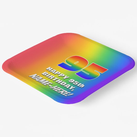 95e verjaardag: kleurrijk, vun regenboogpatroon # papieren bordje (Gebogen)