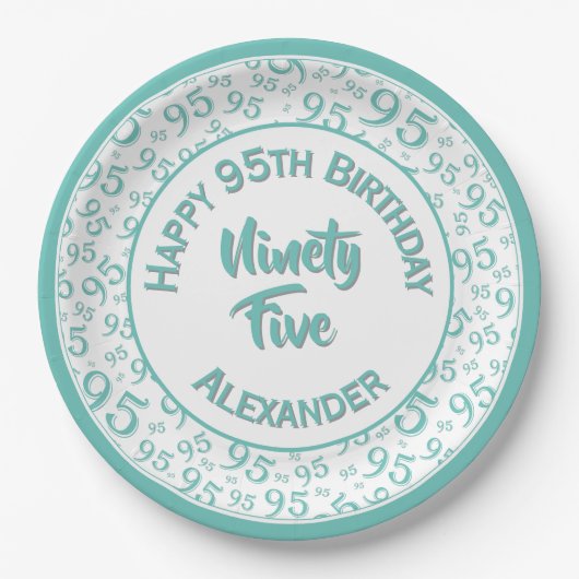 95e verjaardag Random Number Pattern Blauwgroen/Wh Papieren Bordje (Voorkant)