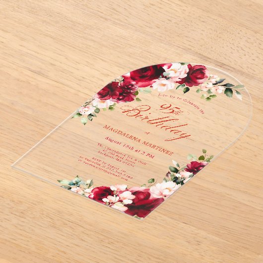 95e Verjaardag Red Rose Pink Peony Bloemenboog Acryl Uitnodigingen (Laagn)