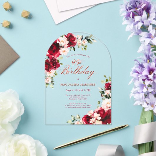 95e Verjaardag Red Rose Pink Peony Bloemenboog Acryl Uitnodigingen (Insitu (Huwelijk))