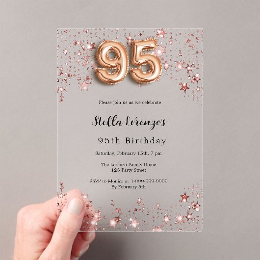 95e verjaardag roos gouden sterren helder acryl uitnodigingen (Insitu (Draagbaar))