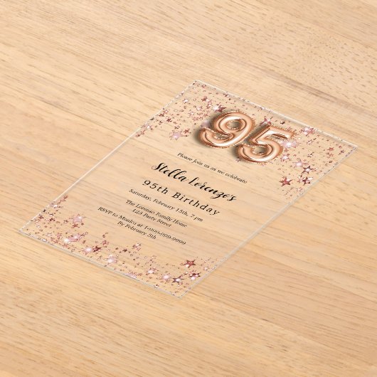 95e verjaardag roos gouden sterren helder acryl uitnodigingen (Laagn)