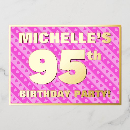 95e verjaardag - vuurroze harten en strips folie uitnodiging (Voorkant)