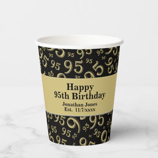 95e verjaardag zwart/Gold Random Number Pattern 95 Papieren Bekers (Achterkant)