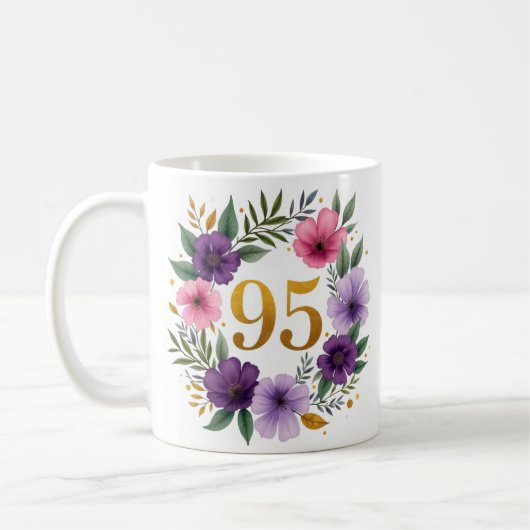 95ème Anniversaire Mug - Couronne florale avec num (Gauche)