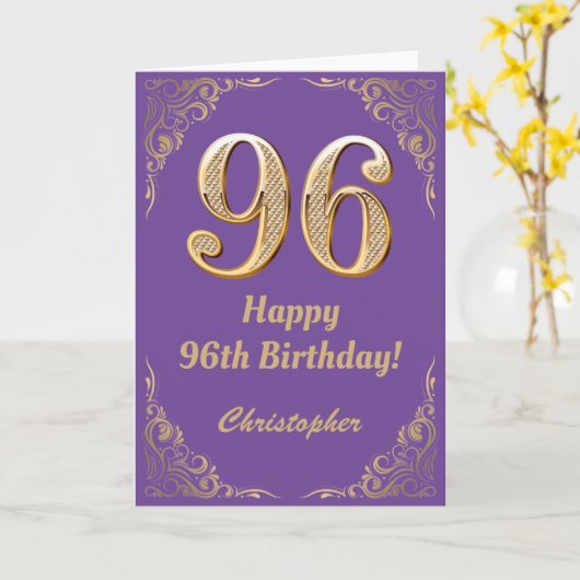 96e Birthday Paars en Gold Glitter Lijst Kaart (Gele Bloem)