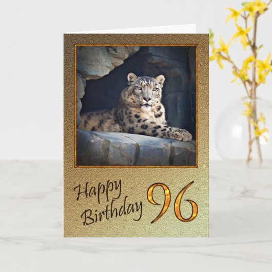96e carte d'anniversaire avec un léopard des neige (Fleur jaune)