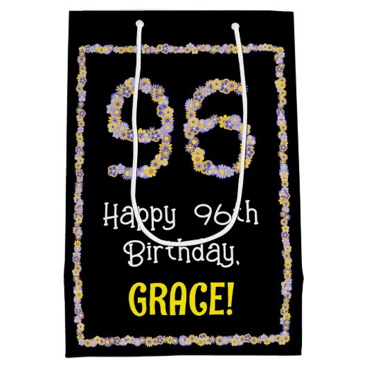 96e verjaardag: Floral Flowers Number, Custom Name Medium Cadeauzakje (Achterkant)