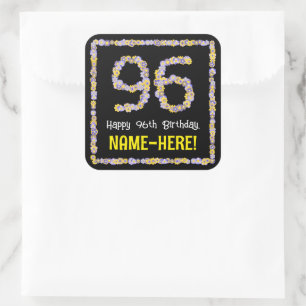 96e verjaardag: Floral Flowers Number, Custom Name Vierkante Sticker