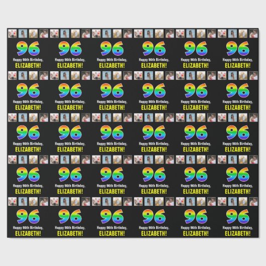 96e verjaardag: Regenboog "96"; Aangepaste Foto's  Cadeaupapier (Zoom)