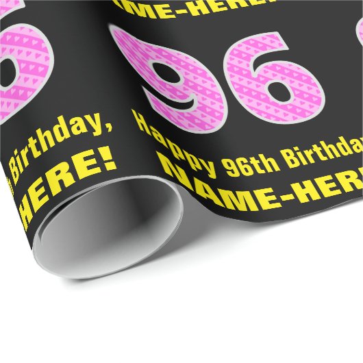 96e verjaardag: Roze strips en hart "96" + naam Cadeaupapier (Rol Hoek)