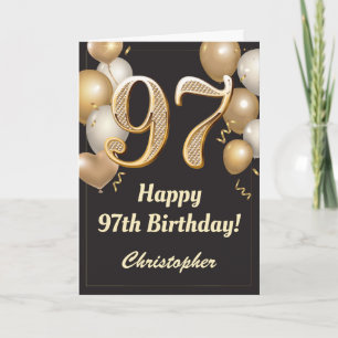 97e Birthday Black en Gold Balloons Confetti Kaart