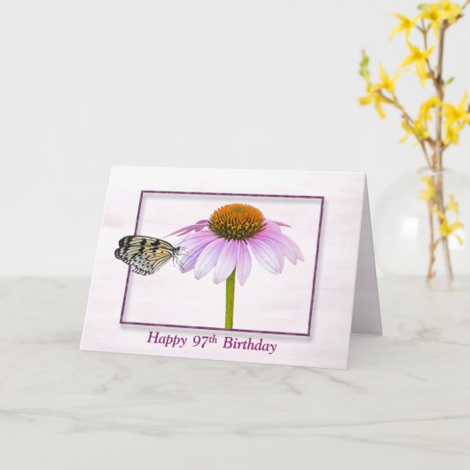 97e Birthday Butterfly on Cone Flower Kaart (Gele Bloem)