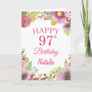 97e Birthday Waterverf Floral Flowers Pink Card Kaart