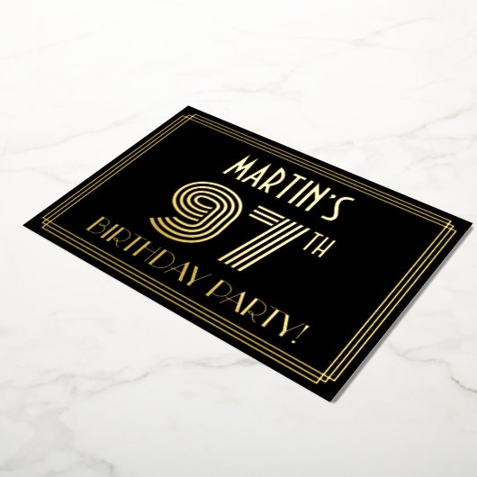 97e verjaardag — Art Deco Style "97" + Naam Folie Uitnodiging (Gedraaid)