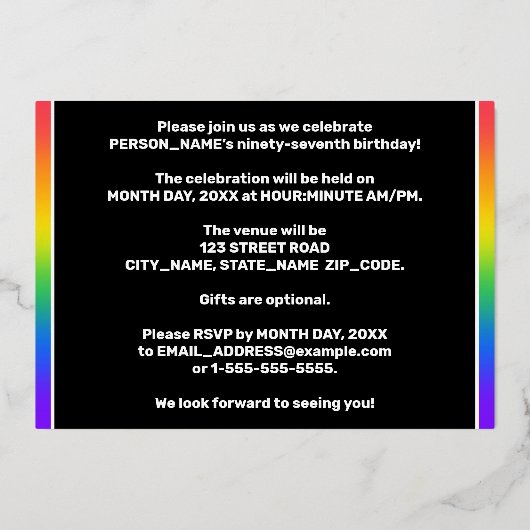 97e verjaardag: Fun, kleurrijk regenboogpatroon Folie Uitnodiging (Achterkant)