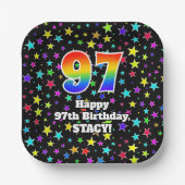 97e verjaardag: Fun Stars Pattern and Rainbow "97" Papieren Bordje (Voorkant)