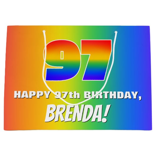 97e verjaardag: kleurrijk, vun regenboogpatroon #  groot cadeauzakje (Voorkant)