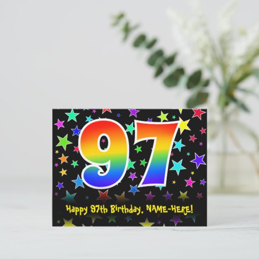 97e verjaardag: leuk sterrenpatroon, regenboog 97, briefkaart (Staand voorkant)