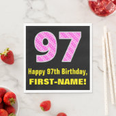 97e verjaardag: Roze strips en hart "97" + Naam Servet (Insitu)