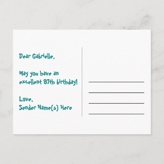 97e verjaardag: Roze strips & harten, Regenboog 97 Briefkaart (Achterkant)