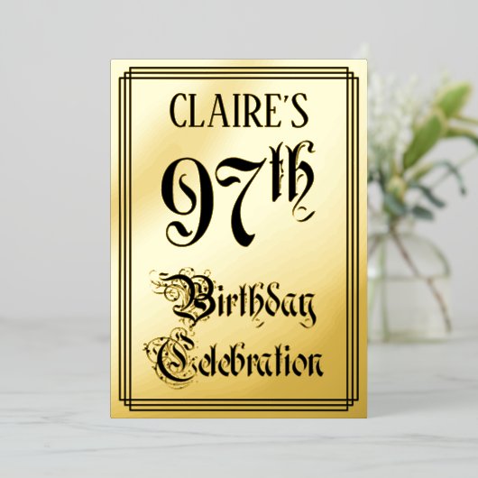97th Birthday Party — Elegant Script + aangepaste  Folie Uitnodiging (Staand Voorkant)