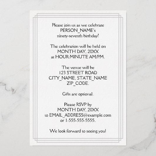 97th Birthday Party — Elegant Script + aangepaste  Folie Uitnodiging (Achterkant)