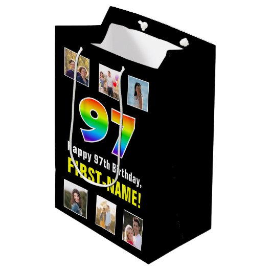 97th Verjaardag: Regenboog "97", aangepaste foto's Medium Cadeauzakje (Voorkant Gekanteld)